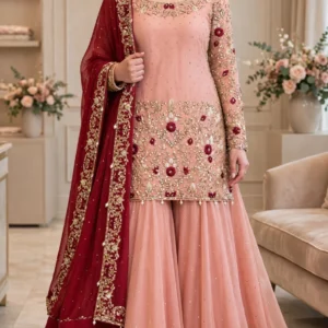 Blush Pink & Crimson Red Embroidered Sharara Suit – A Masterpiece of Grace
