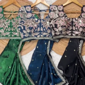 Opulent Floral Embroidered Satin Saree Set – Available in Emerald Green, Royal Navy, Midnight Black, and Deep Magenta