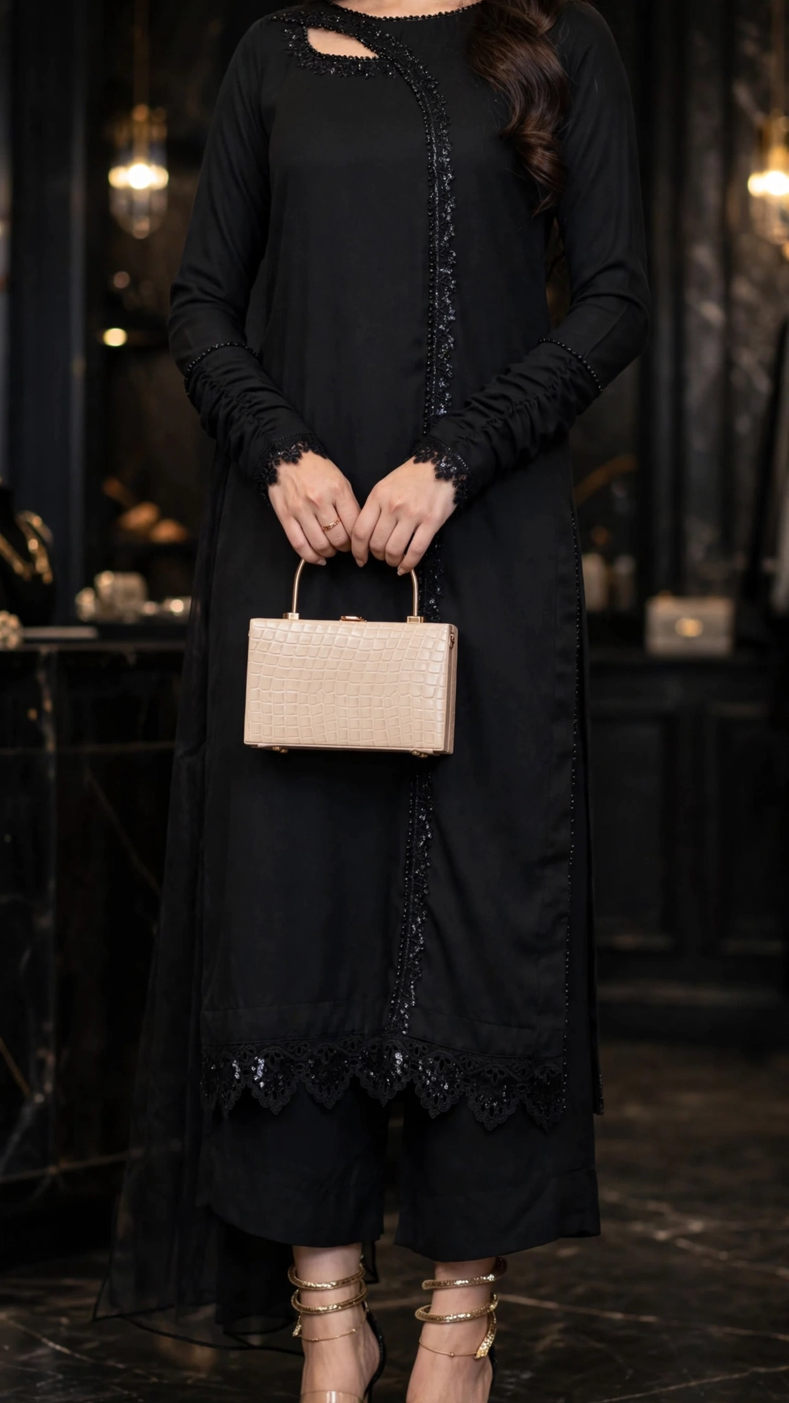 Midnight Allure Sequin-Embellished Kurta Set – Jet Black Elegance - Image 2