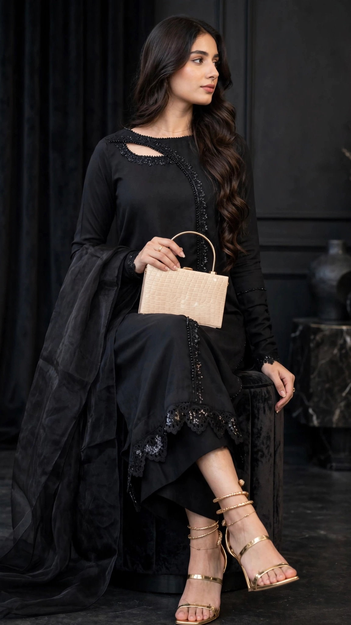 Midnight Allure Sequin-Embellished Kurta Set – Jet Black Elegance