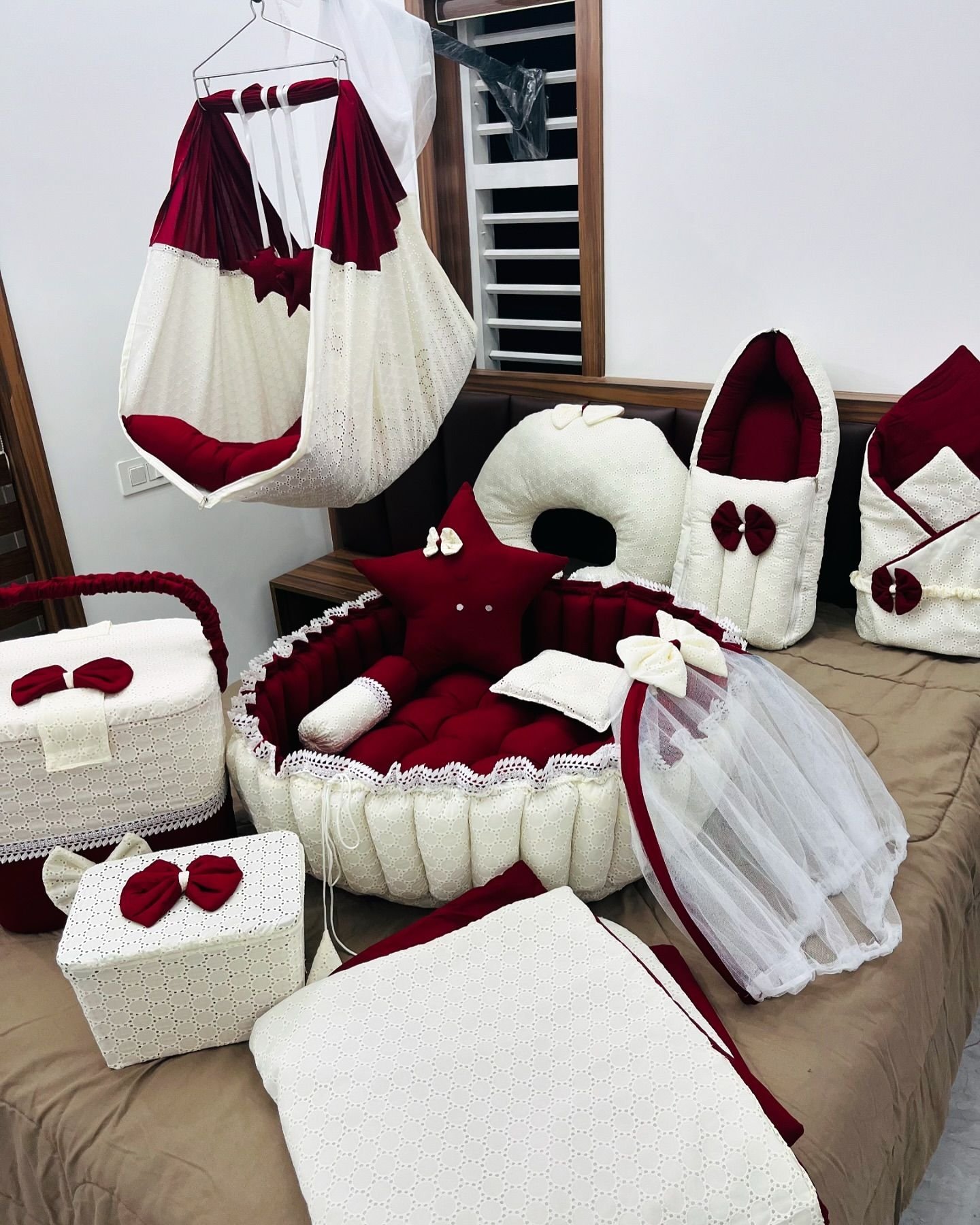 Elegant Maroon and Ivory Handcrafted Baby Bedding and Nursery Essentials Set - Image 2