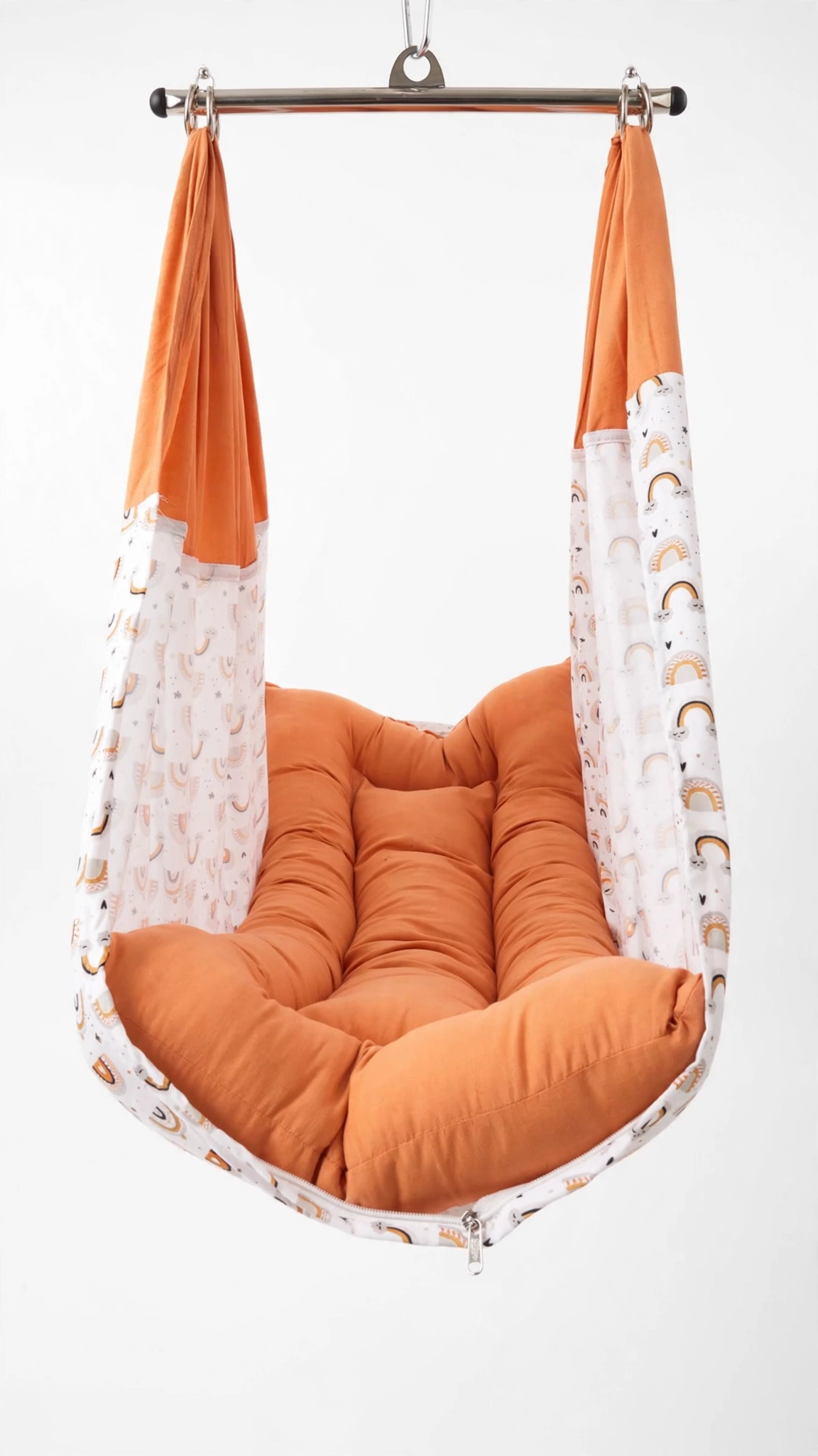 Boho-Chic Hanging Cradle with Playful Rainbow Print – Available in Orange & Terracotta Tones - Image 2