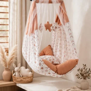 Boho-Chic Hanging Cradle with Playful Rainbow Print – Available in Orange & Terracotta Tones