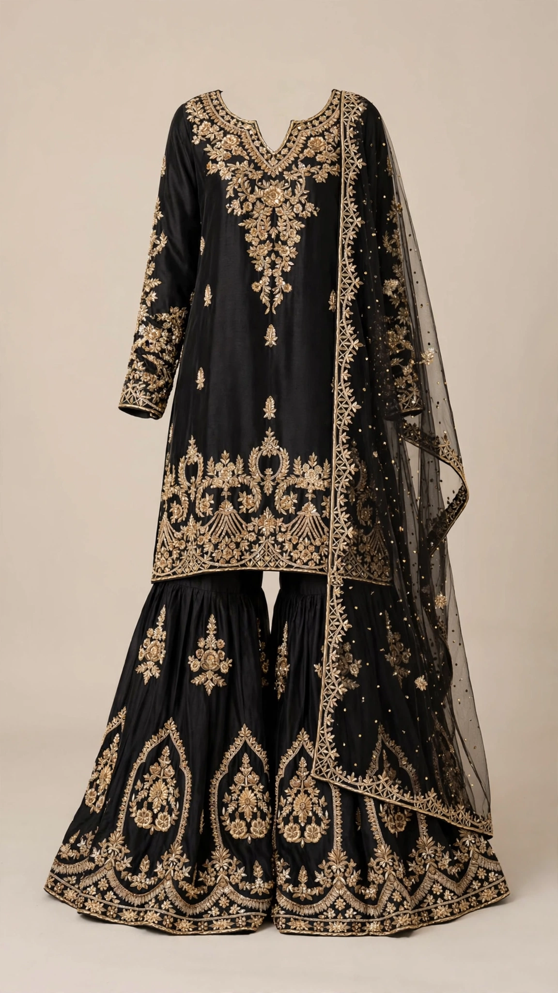 Midnight Onyx Embroidered Gharara Suit Set with Sequin Embellished Dupatta - Image 3