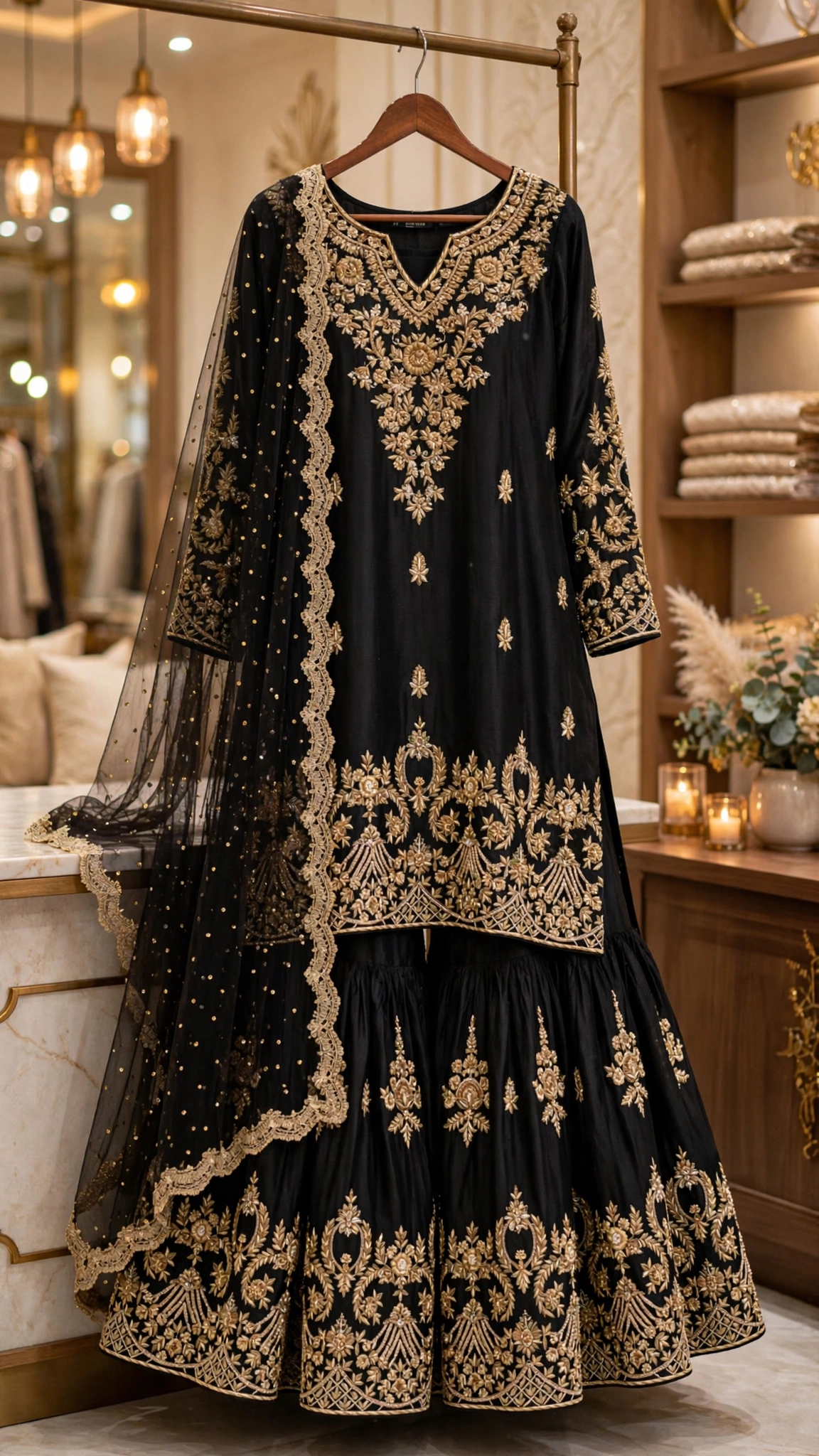 Midnight Onyx Embroidered Gharara Suit Set with Sequin Embellished Dupatta - Image 5