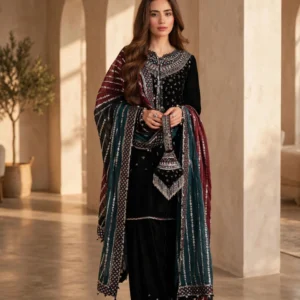 Midnight Noir Velvet Embroidered Kurta Set with Scintillating Sequin Detailing