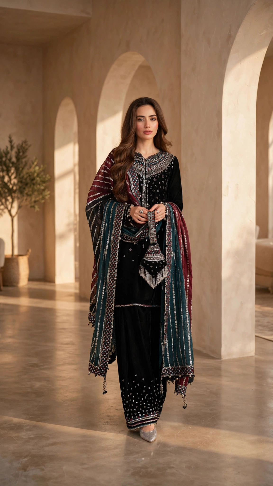 Midnight Noir Velvet Embroidered Kurta Set with Scintillating Sequin Detailing